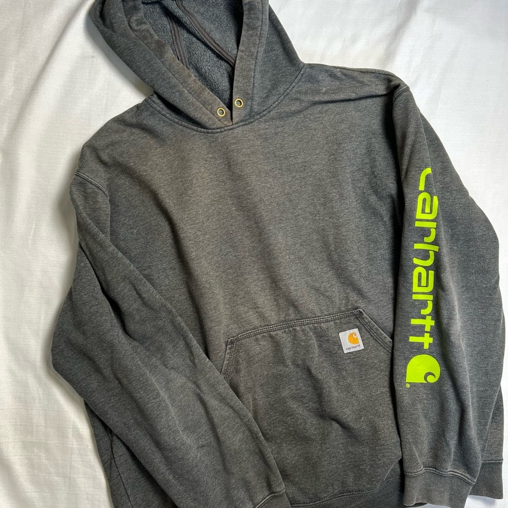 Carhartt Hoodie 2XL Loose Fit Gray Distressed Workwear Pullover Logo Sleeve